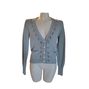 J CREW Gray Beaded V-Neck Button Front Cardigan Pockets Designer luxury beaded M